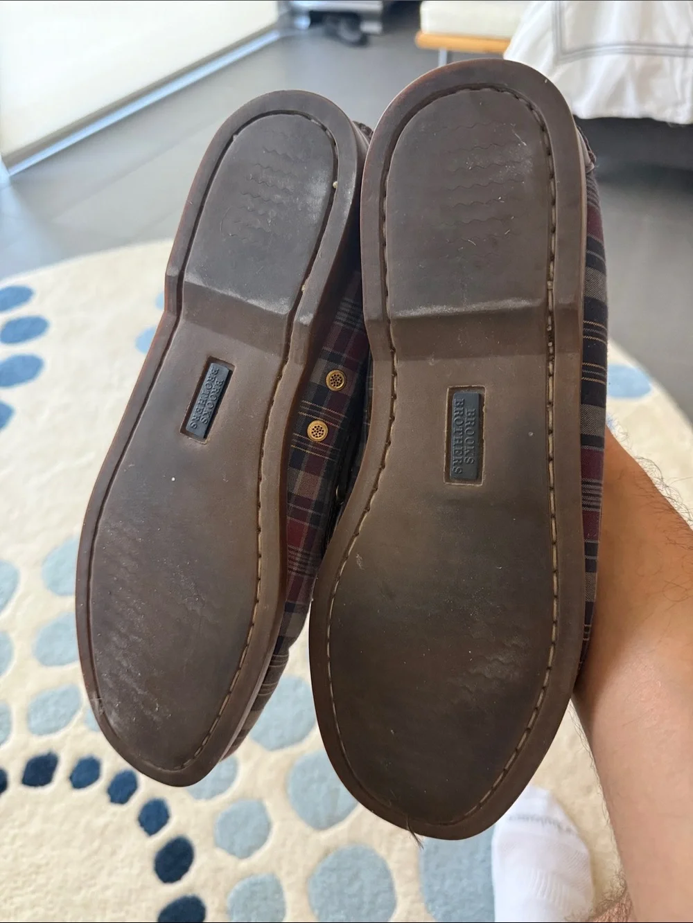 Brooks Brothers Brown Leather Boat Shoes with Blue & Red Plaid